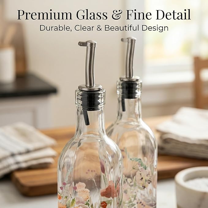 Topadorn 17 oz Olive Oil Dispenser Bottle Set for Kitchen, 2 Pcs Glass Oil Dispenser Bottle with Stainless Steel Pourers, 2 Packs of Napkins, Pink Flowers