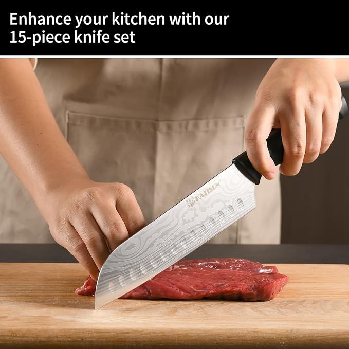 Damascus Pattern 15-Piece Kitchen Knife Set with Block, High Carbon Steel Chef Knife, Includes Sharpener and Scissors, Ergonomic Black Anti-Slip Handle and Red Trim, Perfect for Professionals - Image 6