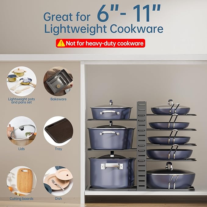 ORDORA Pots and Pans Organizer under Cabinet 14.55 Height, Adjustable 8-Tier Pot Organizers inside Cabinet, Kitchen Organizers and Storage Fit 6-11 inch Lightweight Cookware - Image 8