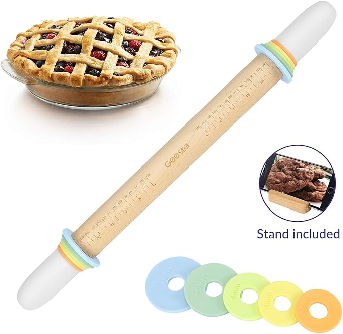 Geesta Adjustable Wood Rolling Pin with 5 Thickness Rings, Precise Dough Roller Handle Press Design with Measurement Guide for Baking Fondant, Pie Crust, Cookie, Pastry - Baking Essential - Image 8