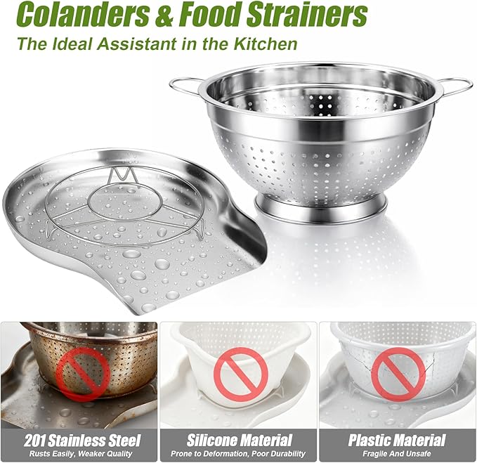 Palksky Stainless Steel Colander Set with Handles & Self-Draining Base, 3 Sizes (7”, 9”, 11”), Heavy Duty Pasta Strainer, Rice & Vegetable Strainer, Countertop Draining System - Image 8
