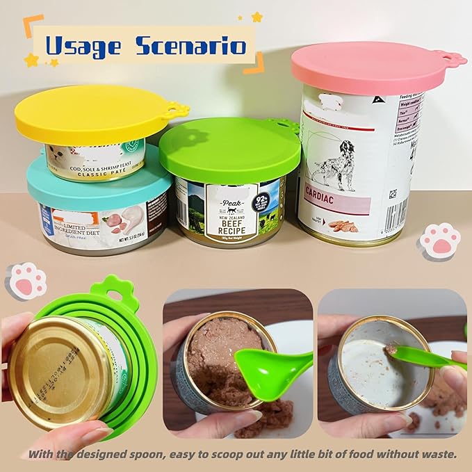 MoPawKT- Silicone Cat/Dog Food Can Covers Lids, Universal 3 Sizes Fit for 3oz, 5.5oz, 6.5oz, 13oz, 13.2oz Pet Food Cans, BPA Free, Reusable (set of 4 lids+1 scoop)