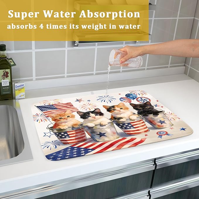Vintage Patriotic Dish Drying Mat Cute Cats American Flag Drying Matt Kitchen Counter for Home Decor - Image 7