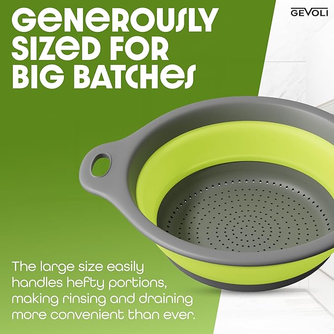 Gevoli Large Collapsible Colander with Self Draining Base - 5Qt Side Drain Food Strainer for Edge of Kitchen Sink (Patent Pending) Green (2 Piece Set) - Image 7