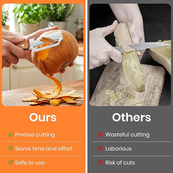 Multi-Functional Vegetable Peeler for Kitchen, 2-in-1 Stainless Steel Kitchen Tool with Bottle Opener and Wooden Handle Stainless Steel Blade for Fruit Apple Carrot Papaya Potato Pumpkin (2PCS)