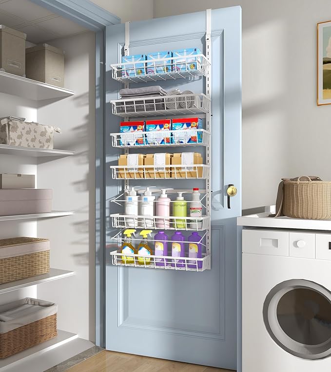 Mefirt Over The Door Pantry Organizer, Wall Mount Spice Rack, Pantry Hanging Storage and Organization, 6 Adjustable Baskets Heavy-Duty Metal for Home & Kitchen, Back of Door Seasoning Rack - White - Image 9