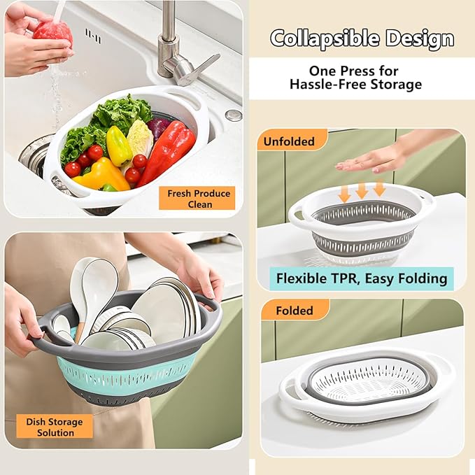 2-Pack Collapsible Silicone Colander Strainer, Foldable Kitchen Sink Basket for Washing Vegetables & Pasta, Space Saving & Dishwasher Safe, Kitchen Essentials - Image 8