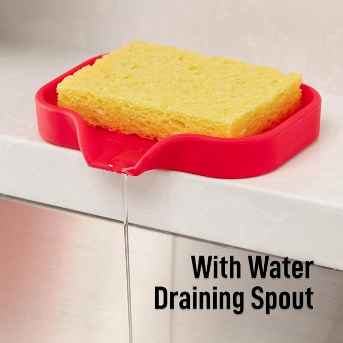 Zulay Kitchen Small Silicone Sponge Holder (4.9x3.3”) – Space-Saving Sink Organizer Tray for Sponge, Soap, Brush & More – Compact Non-Slip Dish for Kitchen & Bathroom (Red) - Image 8