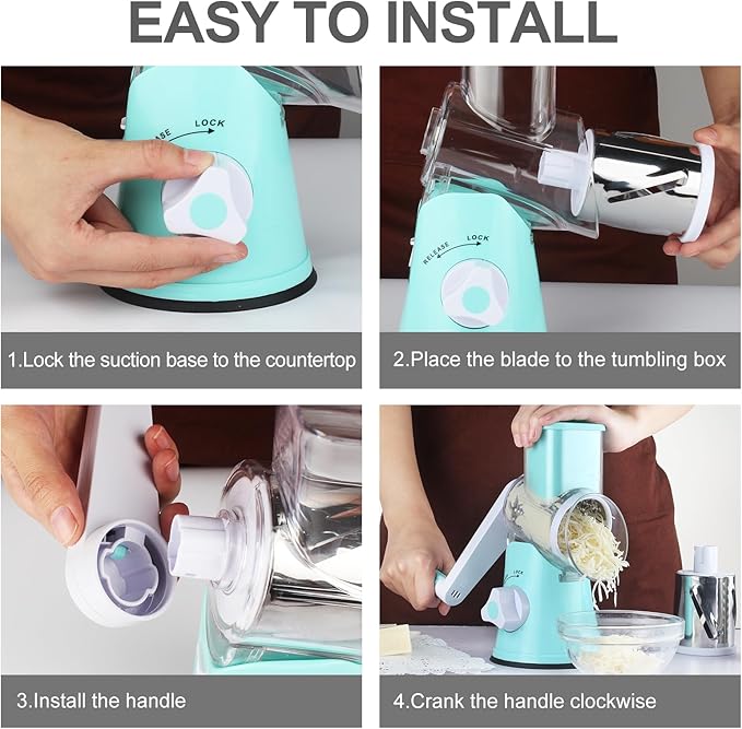 Cambom Rotary Cheese Grater Hand Crank Cheese Shredder for Fresh Cheese, Vegetable, Nuts,Non-slip Suction Base, Five Blades, Blue - Image 8