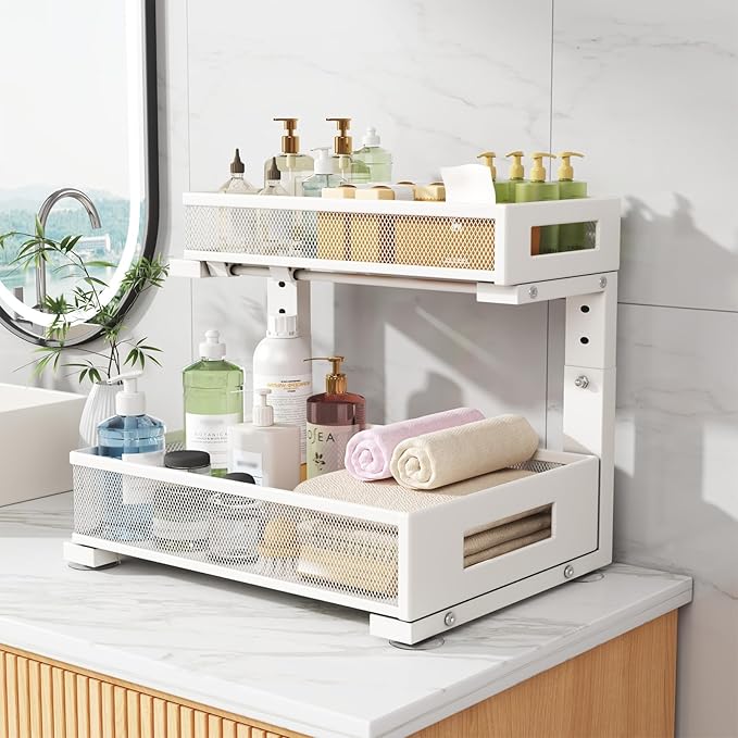2-Pack Under Sink Storage Organizer, Large 2-Tier Elegant Mesh Pull Out Shelf for Kitchen and Bathroom Cabinet Organization, L-Shaped and Adjustable Height Design for Maximum Space Efficiency-White - Image 9