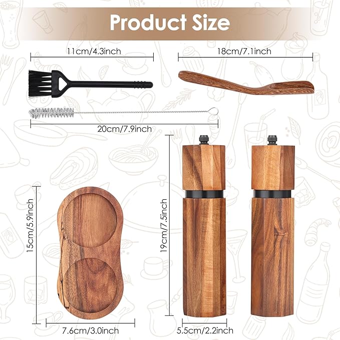 Wooden Salt and Pepper Grinder Set with Wooden Tray and Spoon, 8 Inch Manual Salt and Pepper Mill, Adjustable Coarseness, Refillable Pepper Grinder with Ceramic Core for Kitchen, Octagonal