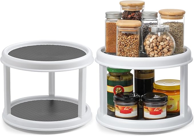 2 Pack, 2 Tier 10" Turntable Lazy Susan Spice Organizer - Rotating Seasoning Rack Spinner for Pantry Cabinet Kitchen Countertop, Table Top Organizing - Multiuse Two Tier Rotating Organization Rack - Image 9