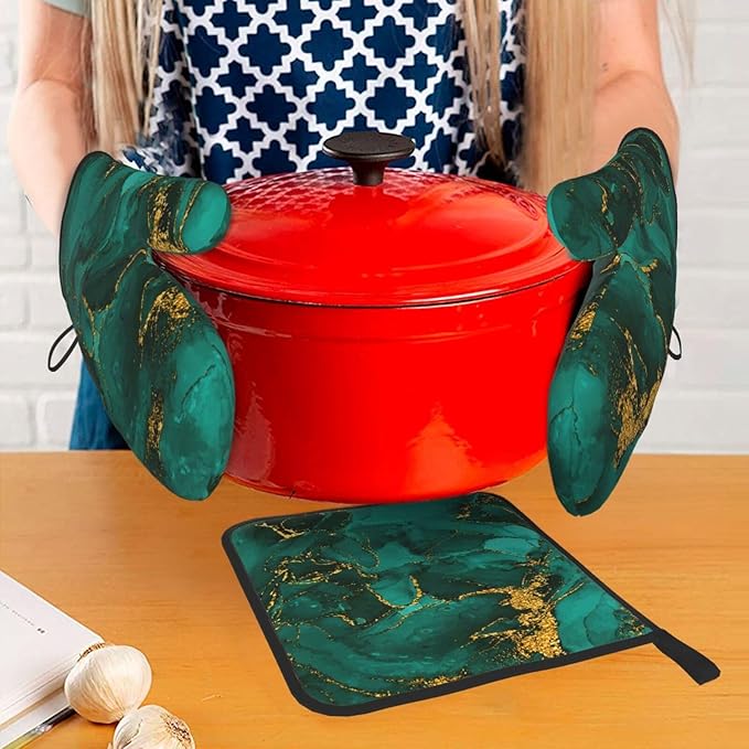 Turquoise Marble Oven Mitts and Pot Holders Sets of 3 Emerald Dark Green Hot Pads Heat Resistant Non Slip Washable for Cooking Grilling Baking BBQ Kitchen Decor - Image 7