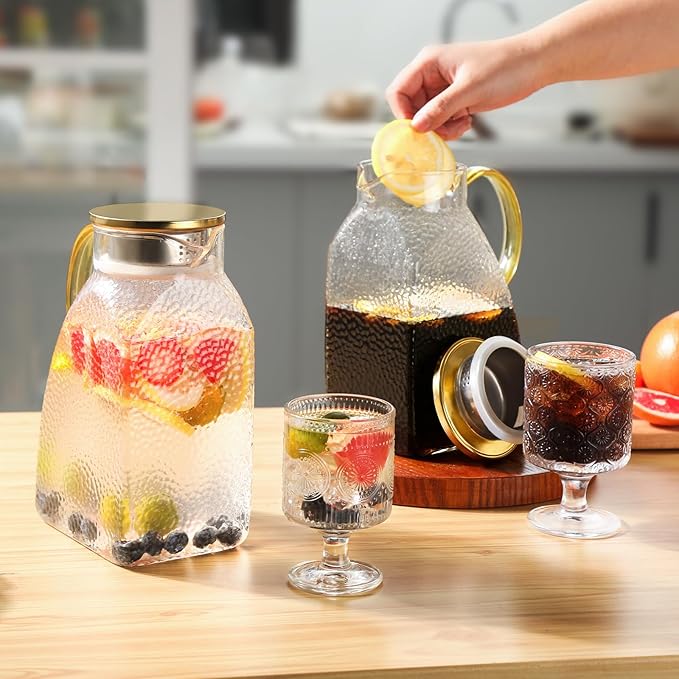 2 Pack Glass Pitcher with Lid and Handle, 1.8 Liter 60 oz Water Jugs for Fridge, Iced Tea Pitcher, Juice Carafe, Milk, Coffee, Hot/Cold Beverage Container(With Mixing Spoon and Cup Brush)