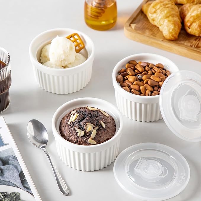 vancasso 8 oz Ramekins with Lid, Porcelain Creme Brulee Souffle Dishes, White Pudding Custard Cups Ramiken for Baking, Dishwasher and Oven Safe, Set of 6 - Image 8