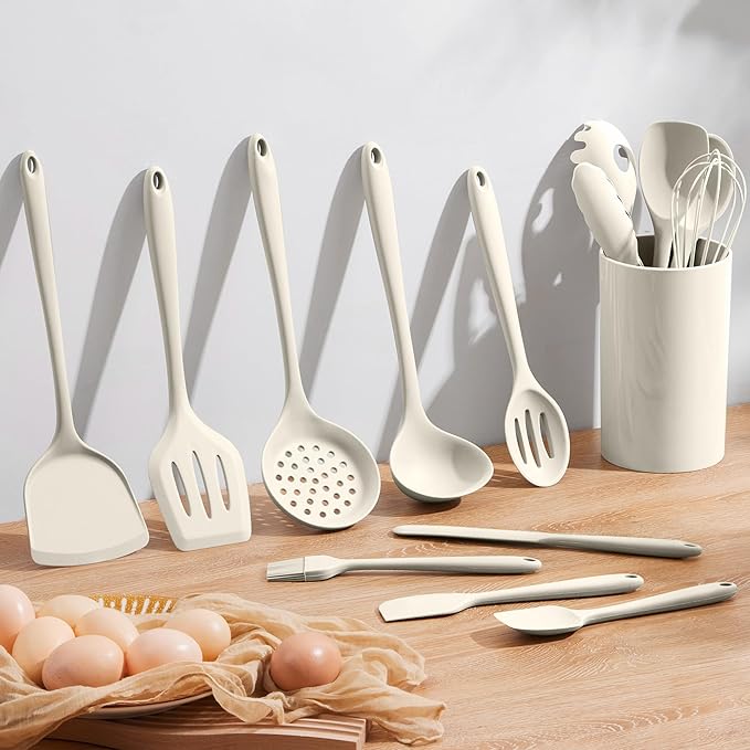 Homikit Kitchen Utensils Set, 15pcs Silicone Cooking Utensil Heat Resistant Spatula Set with Holder for Nonstick Cookware, Useful Kitchen Gadgets & Pots and Pans Accessories, White - Image 7