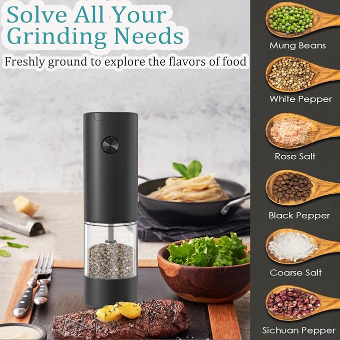 Electric Salt and Pepper Grinder, Automatic Battery Pepper Mill Shakers, Adjustable Coarseness, One-Button Control, Easy Filling Larger Capacity with Led Light for Home Kitchen Appliances, Black