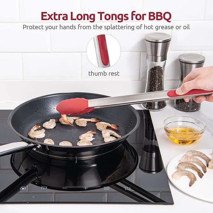 600ºF Heat Resistant Kitchen Tongs: U-Taste 16 inch Extra Long Large Silicone Cooking Tong with Sturdy Non Stick Rubber Tips & Non Slip Silicon Coated 18/8 Stainless Steel Handle for Grilling BBQ(Red) - Image 9