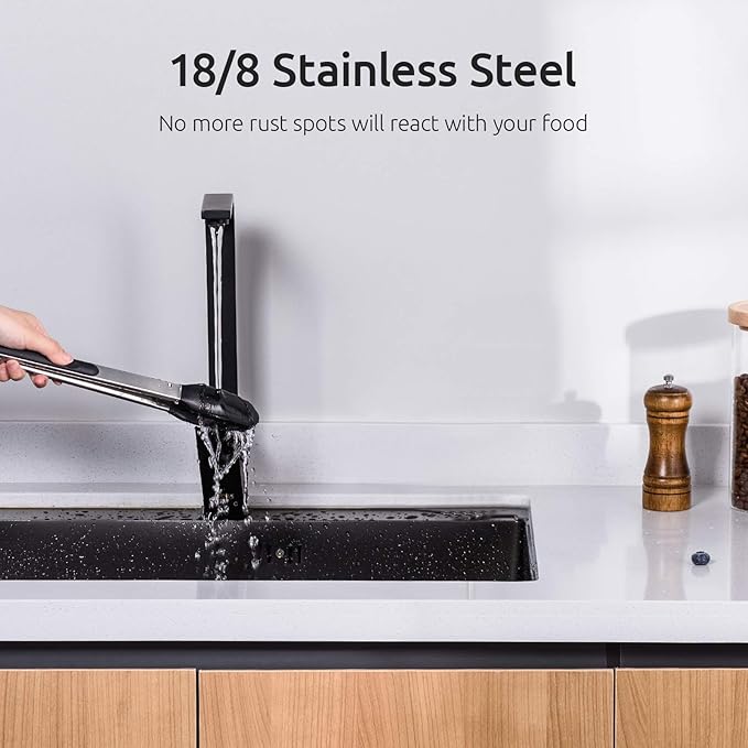 Kitchen Tongs, U-Taste 7/9/12 inches Cooking Tongs, with 600ºF High Heat-Resistant Non-Stick Silicone Tips, 18/8 Stainless Steel Handle, for Food Grill, Salad, BBQ, Frying, Serving, Pack of 3(Black) - Image 8