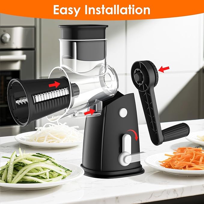 MealHelper 5 Blade Rotary Cheese Grater and Vegetable Chopper with Storage Box and Hand Crank, Compact Shredder for Cheeses, Veggies, Nuts - Easy to Use, Non-slip Suction Base,Black - Image 9