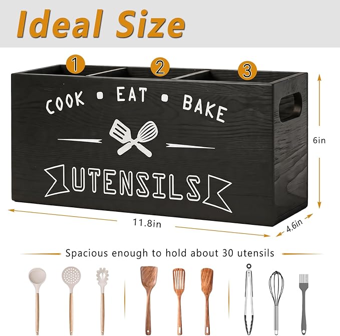 Large and Durable Wooden Kitchen Utensil Holder - Ideal for Kitchen Counter Decor and Party Use (black 3 Compartment)