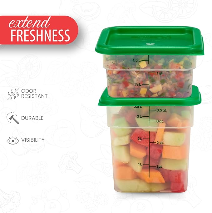 Cambro Food Storage Container with Lid (Microwave Safe and BPA-Free) - 2 Pack - Classic Series Square with Green Lid - 2 and 4 QT (Quart) - Commercial Grade for Food Prep (Translucent) - Image 4