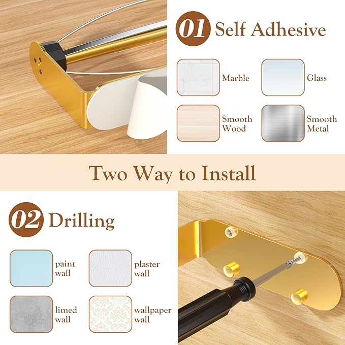 Paper Towel Holder Under Cabinet with 2 Hooks, Paper Towel Holder Wall Mount with Damping Effect, Self-Adhesive or Drilled Paper Roll Holders for Kitchen, Bathroom, RV(Gold) - Image 8