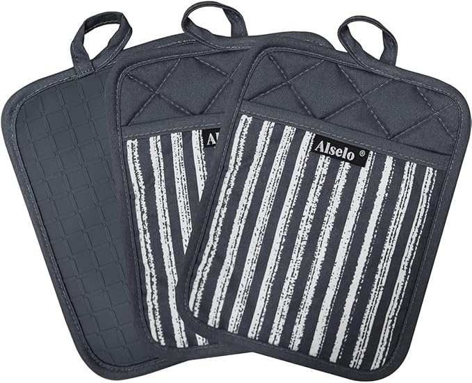 Alselo Silicone Pot Holders Set of 3 Heat Resistant & Non Slip Potholders, Professional Oven Hot Pads with Pockets Mitts for Kitchen Cooking Baking Barbecue - Image 8