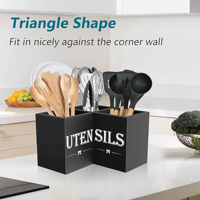 Suli Extra Large Kitchen Utensils Holder with 3 Compartments,Corner Utensil Caddy for Countertop,Wooden Utensil Organizer for Kitchen Countertop, Farmhouse Decor- Black - Image 8