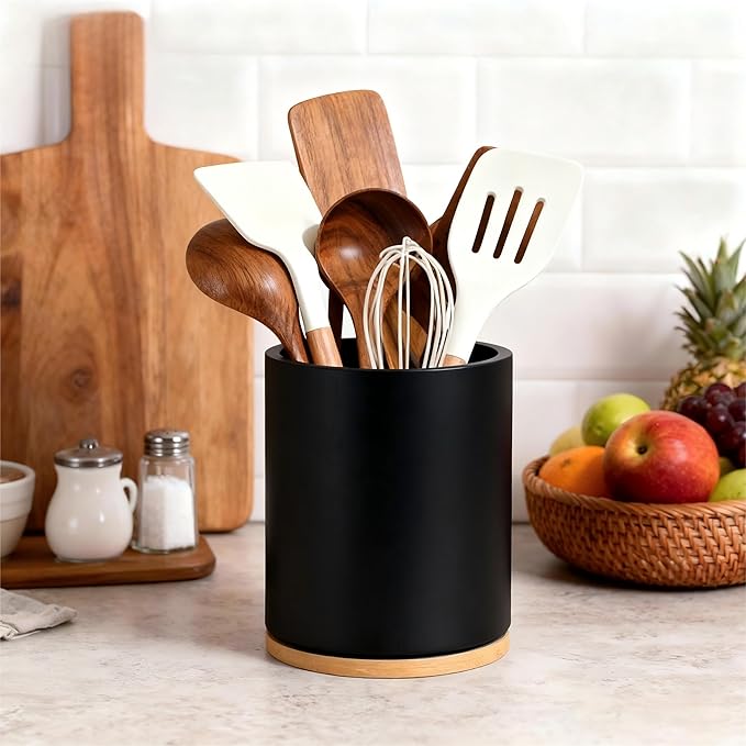 Wooden Utensil Holder, 360°Rotating 7.3'' Large Utensil Holder for Kitchen Counter, Kitchen Utensil Organizer, Utensil Crock, Farmhouse Kitchens Countertop Decor, Black Color - Image 8