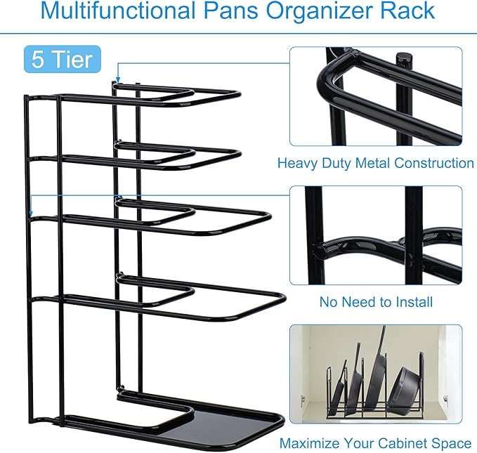 Toplife 2 Pack Heavy Duty Pan Organizer, 5 Tier Pot and Pan Organizer Rack for Cast Iron Skillets, Griddles and Pots - Sturdy Steel Construction- No Assembly Required - Black - Image 8