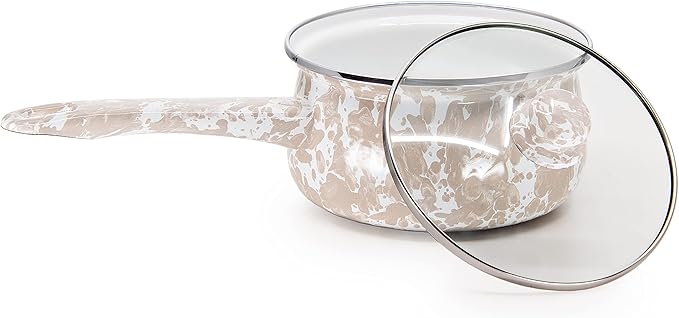 Golden Rabbit Enamelware Sauce Pan with Handle, 5 cup, Taupe Swirl