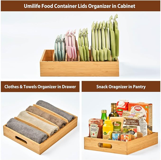 Umilife Kitchen Cabinet Organizer for Food Storage Container Lids, with Adjustable Dividers, Bamboo Drawer Caddy, Box for Kitchen Storage And Organization - Image 6