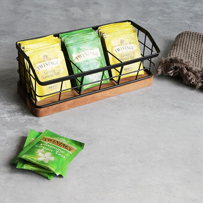 WILDMOS Tea Bag Organizer,Iron Wire Basket with Wooden Base.Tea Storage Containers with 3 Slots,Sugar Packet,Tea Bar Accessories for Countertop Cabinet Drawer. - Image 7