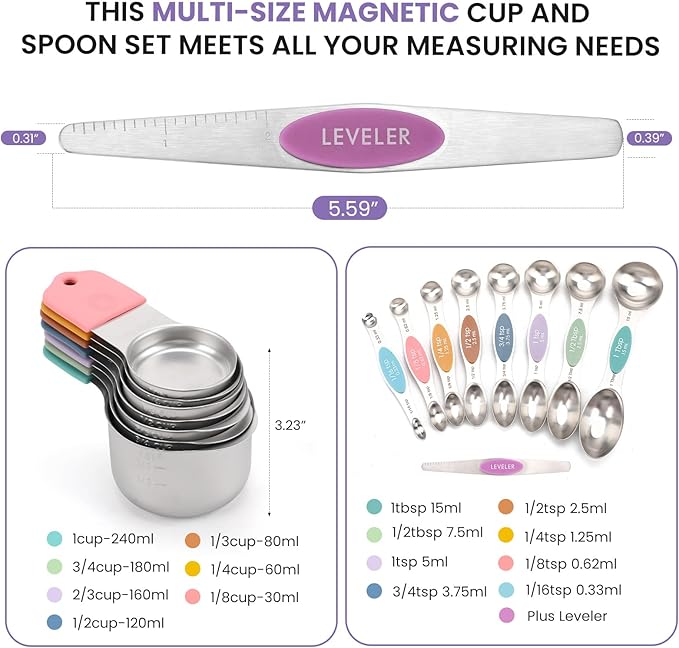 Magnetic Measuring Cups and Spoons Set-Heavy Duty 304 Stainless Steel,Double Measurement Markings,Set of 16 with Leveler for Measure Dry and Liquid Ingredients - Image 6