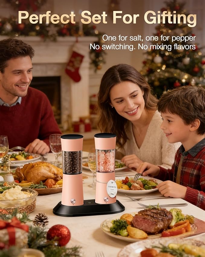 Gravity Electric Salt and Pepper Grinder Set with USB-C Charging Base,Rechargeable Automatic Stainless Steel Pepper Mill Grinder with LED Light, 2pack+Peach Orange (Peach Orange)