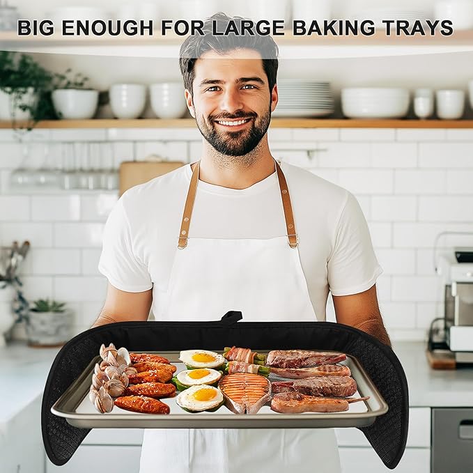 Philorn Black Double Oven Mitts,Heat Resistant 260℃ Waterproof Silicone Glove Kitchen Gloves Oven Extra Long Oven Mitts with Non-Slip Silicone Surface for Baking, Cooking, BBQ
