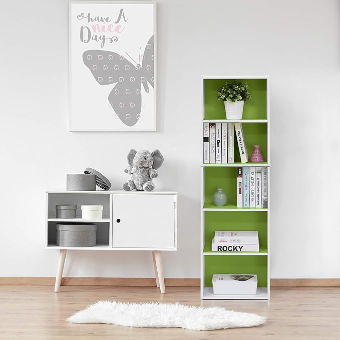 Furinno LUDER Book Shelf, 5-Tier Bookshelf, Bookcase with Open Shelves, 9.4 x 15.8 x 52, Easy Assembly, for Living Room, Bedroom, Home Office, White/Green - Image 9