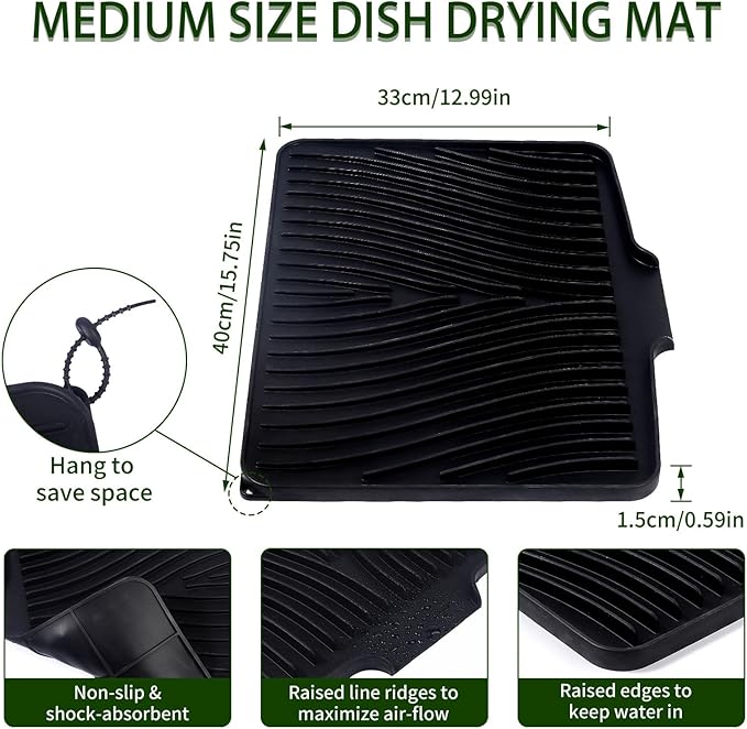 Silicone Dish Drying Mat 16x13,Food-Grade Silicone,Easy Clean Pad for Countertop Protection,Heat Resistant,Easy Clean,Non-Slip Drain Pad with Built-in Drain,Multi-Functional Use,Black - Image 8