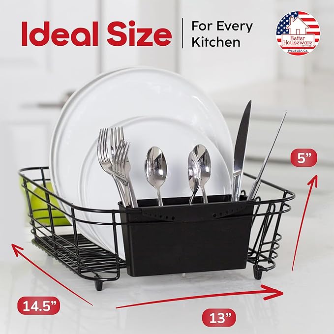 Better Houseware in Sink Dish Drying Rack, Dish Drying Rack in Sink with Non-Slip Handles, Stainless Steel Space-Saving Design, 2-Piece Set with Utensil Holder, 14.5 x 13 x 5 Inch, Black - Image 7