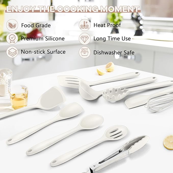TeamFar Kitchen Cooking Utensils, 10 pcs Silicone Cooking Utensils Set, 446°F Heat Resistant Kitchen Gadgets Tools Set w/Spatula, Turners, Spoons, Soup Ladle, Pasta Server for Nonstick Cookware, White - Image 7