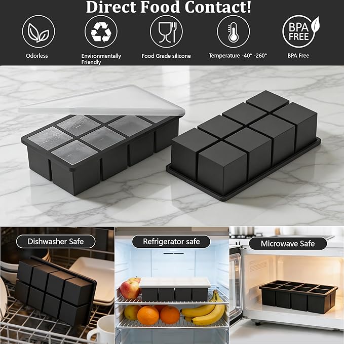 Bangp Silicone Ice Cube Trays with Metal Reinforced Frame(3 Pack),Large Ice Cube Tray with Lid,Easy Release Whiskey Ice Cubes Mold,Ice Trays for Freezer,Stackable Ice Cube Tray(Black) - Image 7