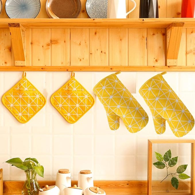 Oven Mitts and Potholders BBQ Gloves-Oven Mitts and Pot Holders with Recycled Infill Silicone Non-Slip Cooking Gloves for Cooking Baking Grilling (4-Piece Set) (Yellow-02) - Image 7