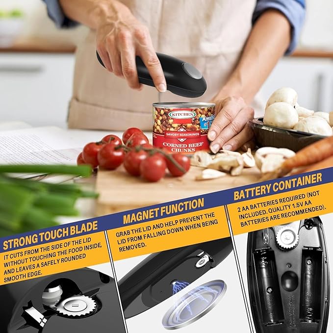 Electric Can Opener, Hands Free One Touch Automatic Can Openers Fit Different Can Sizes and Shape with No Sharp Edges for Kitchen, Kitchen Gadgets for Senior with Arthritis (black)