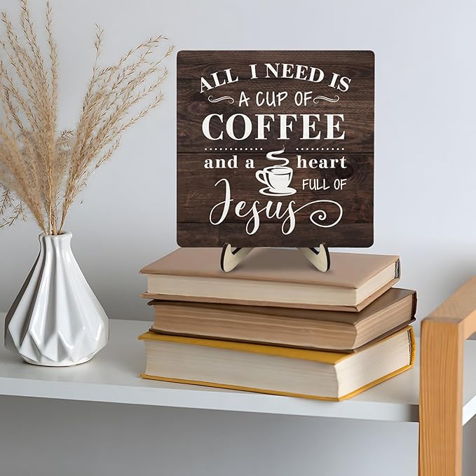Coffee Bar Sign Plaque Decor-A Heart Full of Jesus,Cafe Bar Accessories,Christian Rustic Wooden Tabletop Plaque with Stand, Faith Scripture Mini Counter Sign for Kitchen Coffee Station Office 5.9x5.9 - Image 8