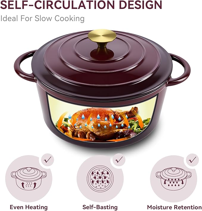 Miereirl 6 Quart Enameled Dutch Oven Pot with Lid, Cast Iron Dutch Oven with Dual Handles for Bread Baking, Cooking, Non-stick Enamel Coated Cookware, Fig - Image 7
