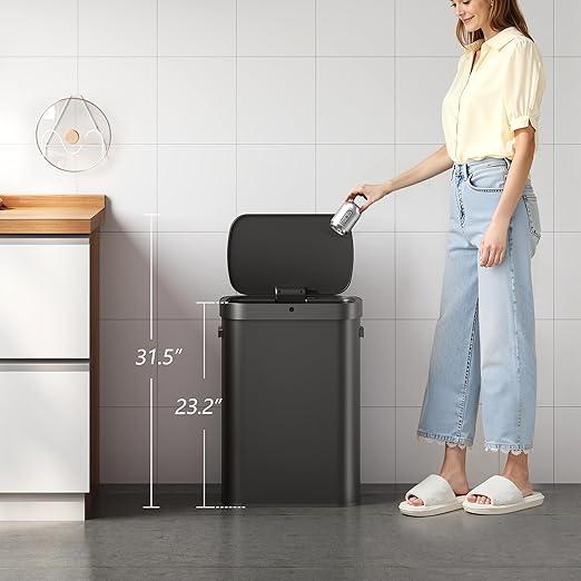 WLIVE 13 Gallon Trash Can, 50 Liter Large Capacity Motion Sensor Automatic Trash Cans Touchless with LED Indicator, Brushed Stainless Steel Finish Garbage Cans for Kitchen, Office, School, Black