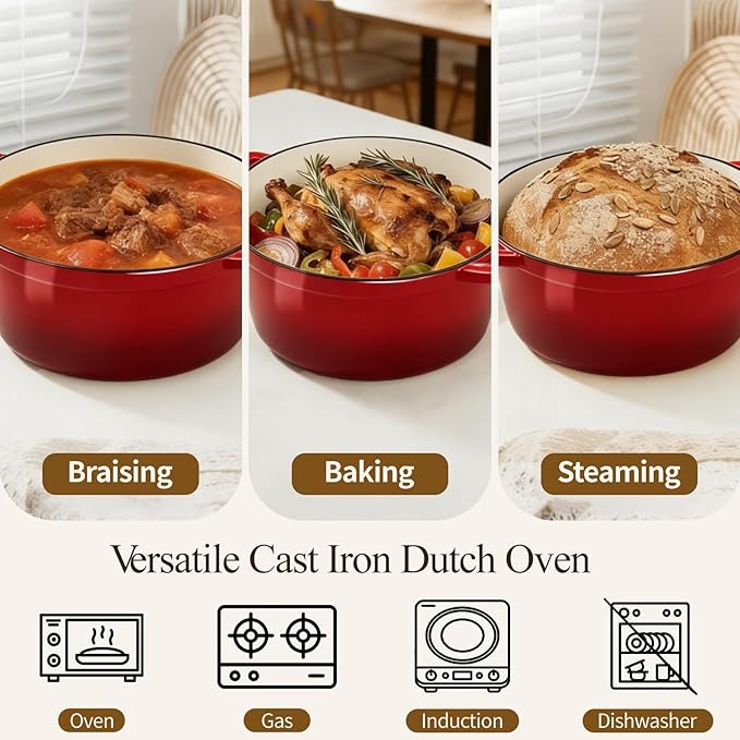 Enameled Cast Iron Dutch Oven with Lid -6.5 QT, incl. Sourdough Bread-Baking Supplies like Banneton Proofing Basket, Heavy Duty Cookware Bread-Oven for Baking, Stews, and Roasting, Cherry Red - Image 8