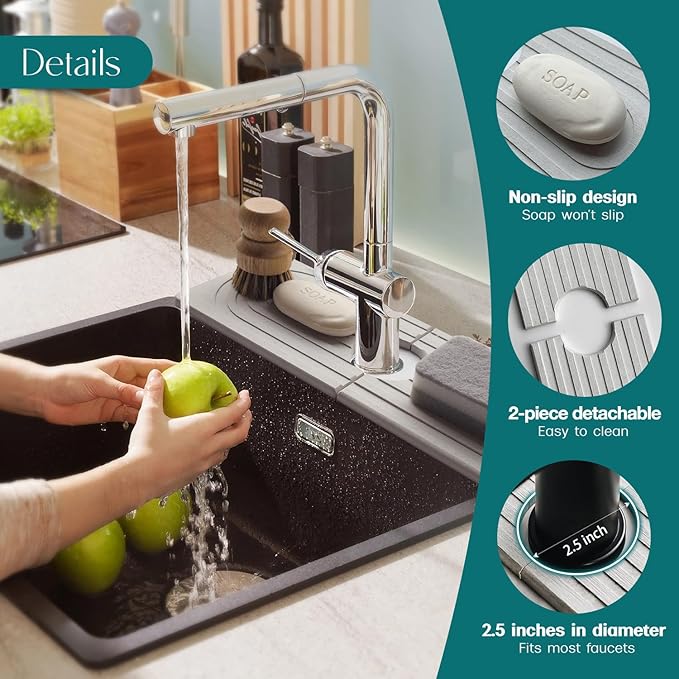 eormoe Faucet Mat for Kitchen Sink - Wider Diatomite Fast Drying Stone Sink Tray, Super Absorbent, Prevents Moisture Buildup - Faucet Splash Guard for Bathroom Counter (Light Grey, 15x5.3inch) - Image 8