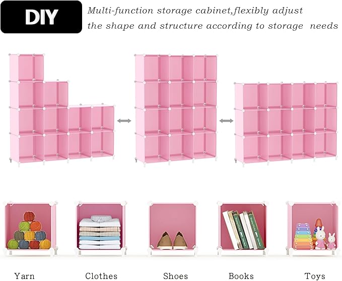 AWTATOS Cube Storage Organizer Protable Closet Organizers and Storage for Kids DIY Stackable 12 Cube Storage Shelves Clothes Organizer for Bedroom, Home, Pink - Image 7
